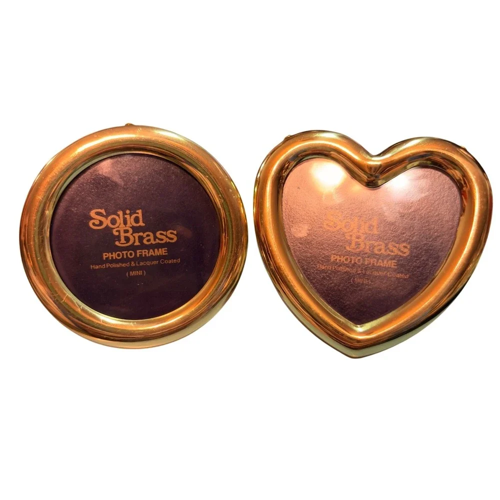 Solid Brass Mini Photo Frames Round Heart-Shaped Polished Lacquer Coated Regency